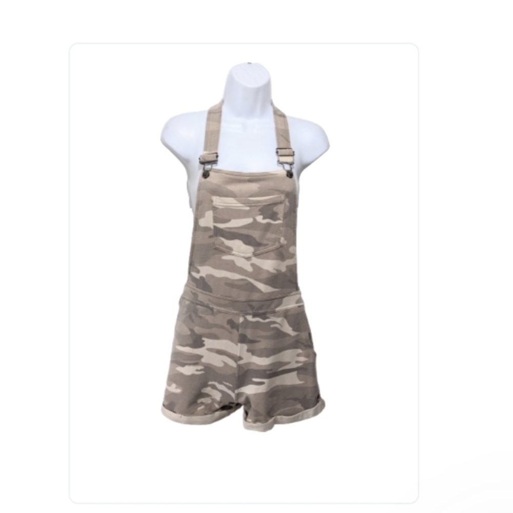 Universal Thread Shortall Bib Shorts Overalls S Taupe Camo Stretch Beach Boho - Picture 3 of 12